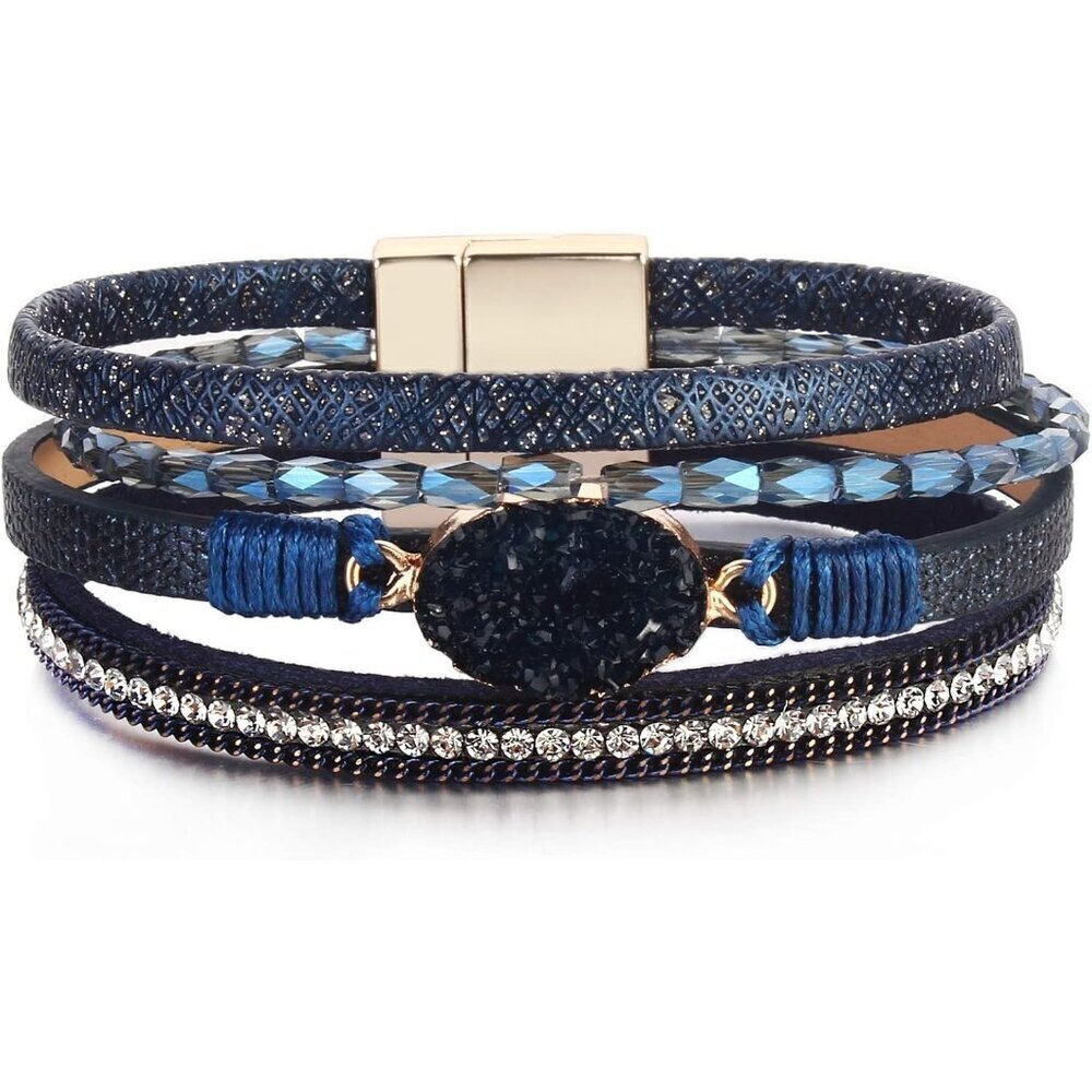 Women's Navy Blue Boho Leather Wrap Stackable Chunky Crystal Cuff Bracelets